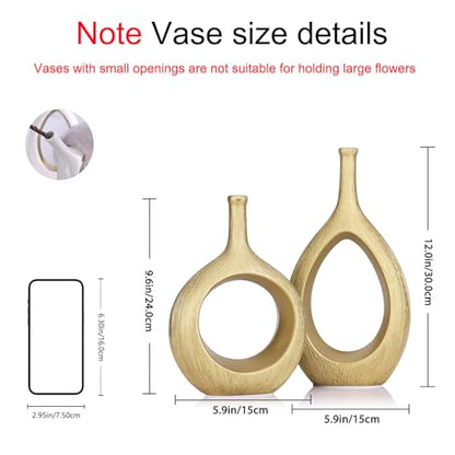 Matte Gold Ceramic Vase Set of 2 - Ribbed Hollow Aesthetic Decorative Vase, Modern Farmhouse Table Centerpiece, Boho Gold Vases for Flower Decor and Home Living