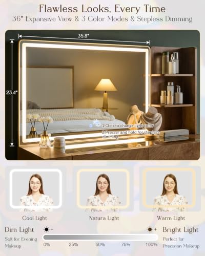48" Modern Makeup Vanity Desk with Mirror and Lights Thickened Leg, view 4