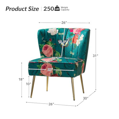 Accent Chair with Golden Metal Legs, Comfy Tufted Wingback Living Room Chair Floral Fabric Small Armless Side Chair, Upholstered Slipper Chair for Bedroom, Reading Room Flower Print