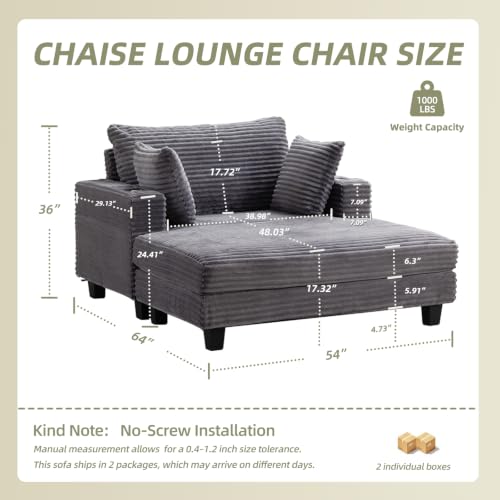 64" Oversized Chaise Lounge Chair Indoor with USB Charging Port & Cup Holder, view 3