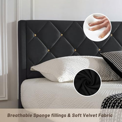 Full Size Platform Bed Frame with Velvet Headboard, view 5