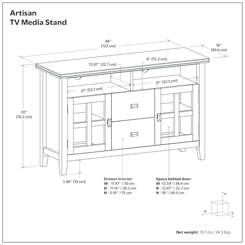 Artisan TV Stand - 48 inch Wide Solid Wood Media Console in Russet Brown, Contemporary Entertainment Center for Living Room for TVs up to 55 Inches with Drawers and Cable Management