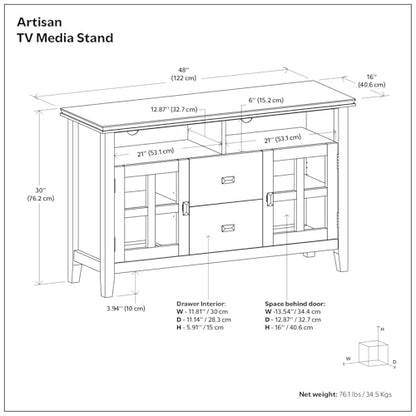 Artisan TV Stand - 48 inch Wide Solid Wood Media Console in Russet Brown, Contemporary Entertainment Center for Living Room for TVs up to 55 Inches with Drawers and Cable Management