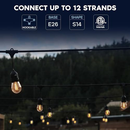 48FT LED Outdoor String Lights Commercial Grade Waterproof, 24 Edison S14 Shatterproof Bulbs, Hanging Lights for Patio, IP65, Decorative Outside Lights for Backyard Garden Cafe Balcony