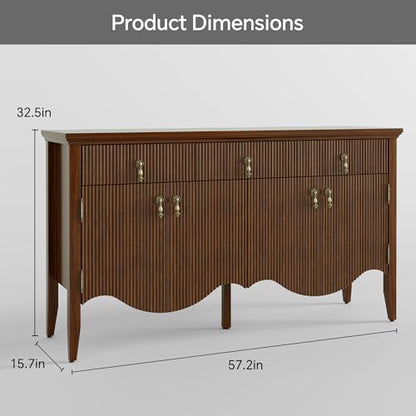 57" Fluted Sideboard Buffet,Retro Storage Cabinet, Walnut, view 3