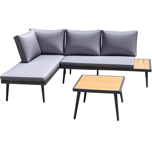 Patio Furniture Set,6 Pieces Outdoor Sectional Sofa with Cup Holder and 7.87in Wider Armrest, PE Wicker Backyard Couch Set with Coffee Table&Glass Tabletop for Deck, Porch