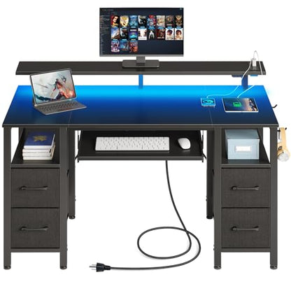 Computer Desk 55.1" with LED Lights & Power Outlets, Home Office Desk with 4 Drawers, Writing Desk with Keyboard Tray, Study De sk with Monitor Stand, Work for Home Office, Black