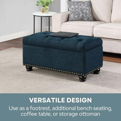 Designs4Comfort 7th Avenue Ottoman Bench 35.5" - Modern Upholstered Footstool & Seat with Hinged Lid & Storage, for Living Room, Bedroom, & Entryway, Dark Blue Fabric