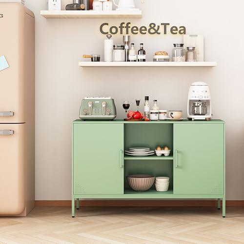 Metal Cabinet, High Capacity Green Buffet Cabinet Coffee Bar Sideboard with Adjustable Shelf, Pantry Drink Locker for Living Room, Kitchen, Bedroom, Dining Room, Entryway (Green)