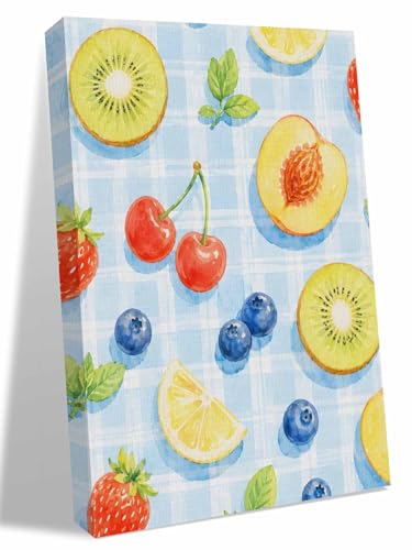 NuYeBiofx Summer Fruit Slices Peach Pattern Canvas Wall Art Prints,48"x32" Framed Picture Artwork Blue Gingham Backdrop Printed Canvas Oil Painting for Living Room Bedroom Office,Ready to Hang