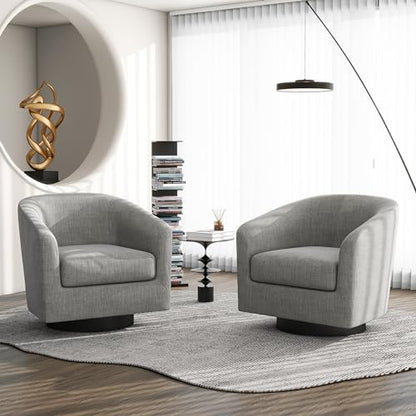 Swivel Barrel Accent Chair, Modern Round Linen Arm Chair for Living Room, Bedroom, Comfy Club Reading Chairs for Adults（Linen Fabric, Light Grey, Set of 1