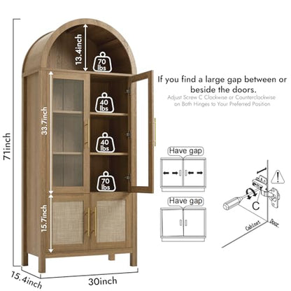 71" Tall Arched Display Cabinet with Glass Doors, 5-Tier Bookshelf, view 3