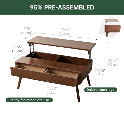Solid Oak Wood Lift Top Coffee Table for Living Room, Mid Century Modern Tables with Drawers and Large Storage, Coffee Tables for Small Spaces (Oak Walnut Color, 39.37" W x 21.65" D x 25.59" H)