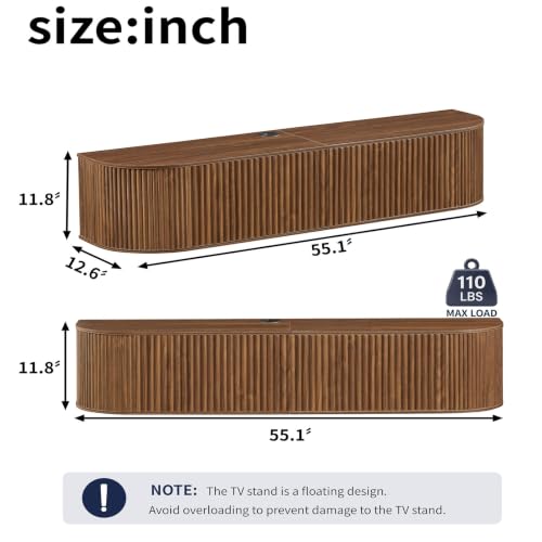 55" Walnut Fluted Floating TV Stand for TVs up to 65" for Living Room, view 3