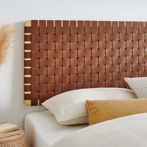 Sparta Vegan Leather Weave King Headboard in Natural Brown, Faux Leather King Headboard Only with Wall Mount Design for Primary Bedroom or Guest Room