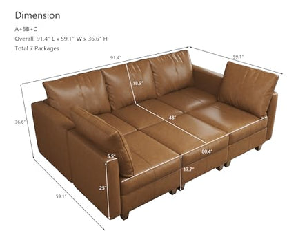 Faux Leather Modular Sleeper Couch Sectional Sofa Bed with Storage,Convertible Faux Leather Sectional Sofa,Brown