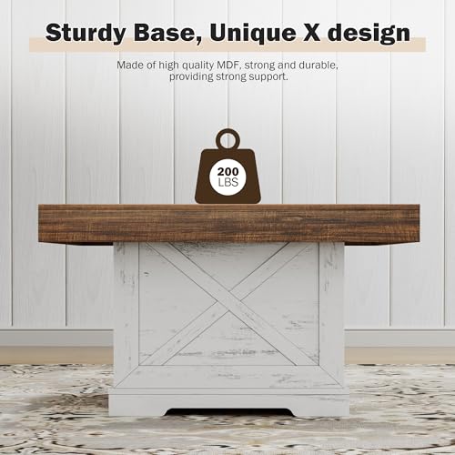 31.5 in Farmhouse Coffee Table for Living Room with X-Design, Square | Rustic Center Table, Small Space, Wooden Pedestal, Home Office Tea Accent Table for Apartment, Easy Assembly, Antique White