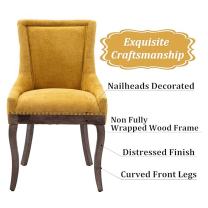 Fabric Vintage Upholstered Side Chairs Set of 6, Farmhouse Solid Wood Kitchen Dining Room Chairs with Nailheads Legs (Fabric Golden Yellow)