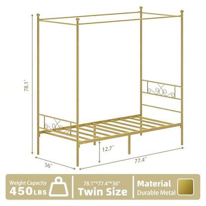 Twin Canopy Bed Frame with Headboard, Metal Twin Beds for Kids, Gold, view 3