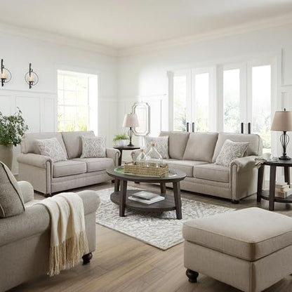 Signature Design by Ashley Gaelon Transitional Rectangular Upholstered Ottoman with Bun Legs, Light Brown