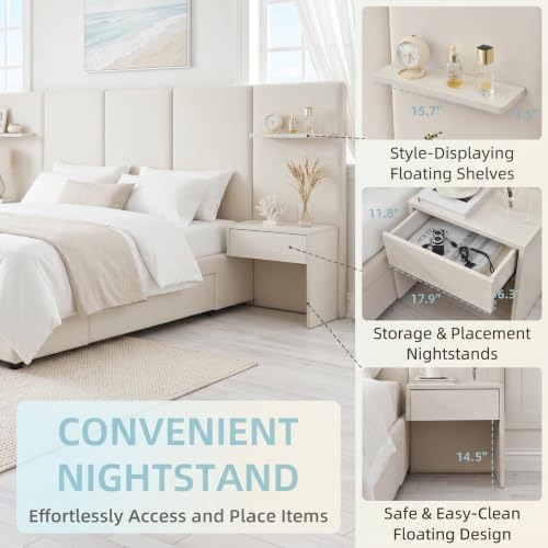 King Size Bed Frame with Storage & Built-in Nightstands & Drawers, Beige, view 5