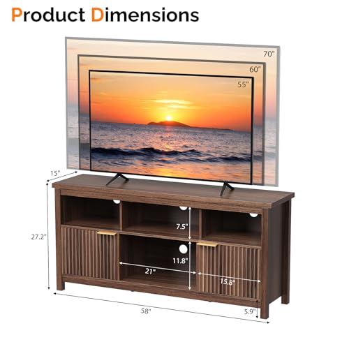 58" Fluted TV Stand for TVs up to 70", Modern TV Stand with Storage & Adjustable Shelves, Elegant Media Console Entertainment Center for Living Room & Bedroom, Walnut