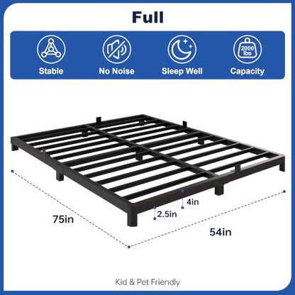 Full Bed Frame, 4 Inch Low Profile Metal Platform Bed Frame with Round Legs, view 3