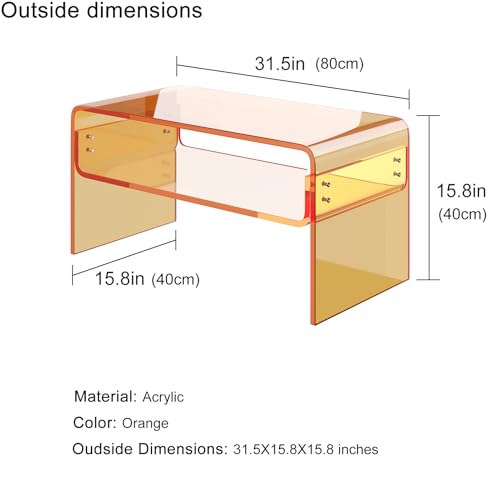 Acrylic Coffee Table, Orange Rectangle Side Table Furniture, Modern Tea Table with Open Storage for Living Room, Office Reception and Bedroom