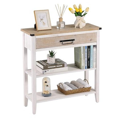Farmhouse Console Table with Drawer, 3-Tier Rustic Entryway Table with Open Storage Shelves and Handmade Metal Handle, Narrow Foyer Sofa Table for Living Room, Entryway, Hallway (Washed White)