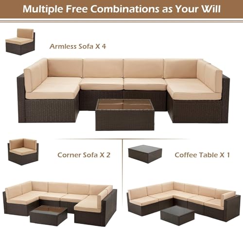 7 Piece Outdoor Patio Furniture Set, PE Rattan Wicker Sofa Set, Outdoor Sectional Furniture Chair Set with Cushions and Tea Table, Brown