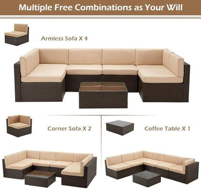 7 Piece Outdoor Patio Furniture Set, PE Rattan Wicker Sofa Set, Outdoor Sectional Furniture Chair Set with Cushions and Tea Table, Brown