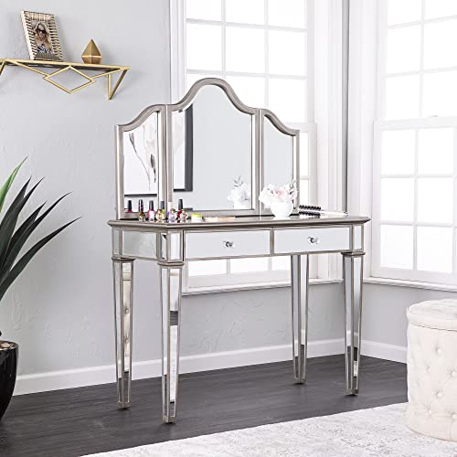 Kalla Mirrored Vanity Set with Storage - 2 Piece - Silver - Transitional Design - Ideal for Bathroom, Master Suite (HZ7581)