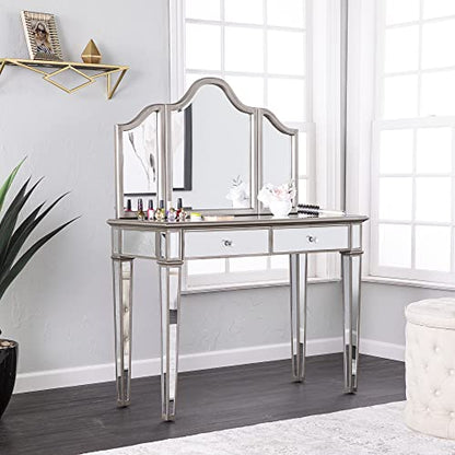 Kalla Mirrored Vanity Set with Storage - 2 Piece - Silver - Transitional Design - Ideal for Bathroom, Master Suite (HZ7581)