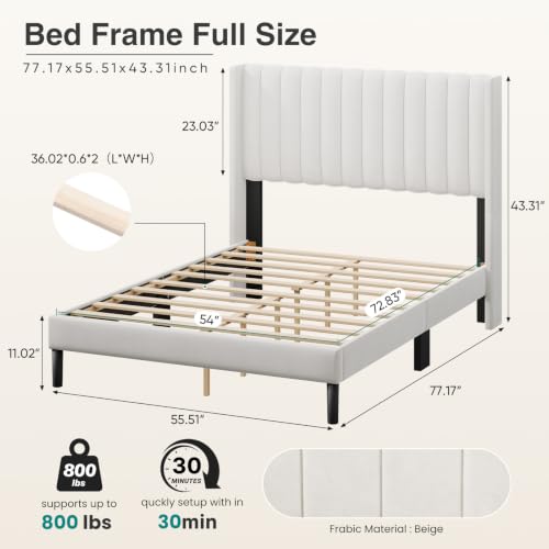 Beige Upholstered Full Bed Frame with Headboard, view 3