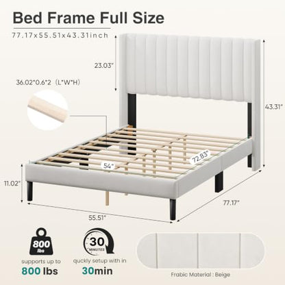 Beige Upholstered Full Bed Frame with Headboard, view 3