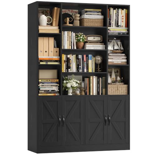 72" Tall Bookshelf, Large Farmhouse Bookcase with Storage, Black, view 2