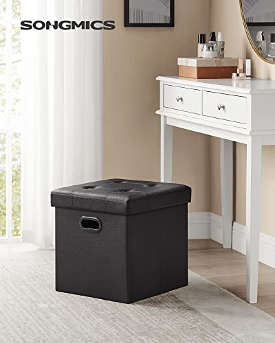 SONGMICS Mazie Collection - 15 Inches Ottoman with Storage, Footstool, Storage Ottoman with Metal Grommet Handles, Load 660 lb, for Dorm, Living Room, Bedroom, Synthetic Leather, Black ULSF30B