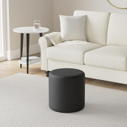 Barrington Upholstered Round Ottoman Pouf with Solid Wood Frame in Black LeatherSoft