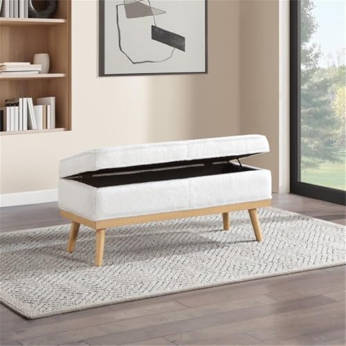 Mid-Century Modern Storage Bench, Ivory Sherpa Upholstery, Solid Wood Tapered Legs, 43.5W x 17D x 18.5H, Button Tufted, Soft-Close Hinged Top, Entryway, Living Room, or Bedroom
