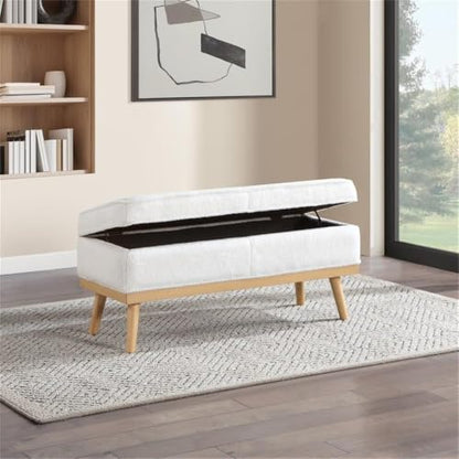 Mid-Century Modern Storage Bench, Ivory Sherpa Upholstery, Solid Wood Tapered Legs, 43.5W x 17D x 18.5H, Button Tufted, Soft-Close Hinged Top, Entryway, Living Room, or Bedroom