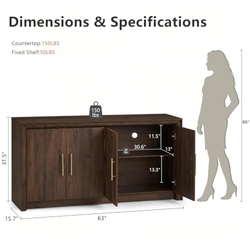 63" Sideboard Buffet Cabinet, Beveled Profile Design, Walnut, view 3