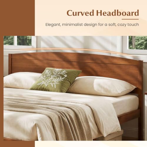 King Size Wooden Bed Frame with Curved Headboard, Wood Slat Support, view 5