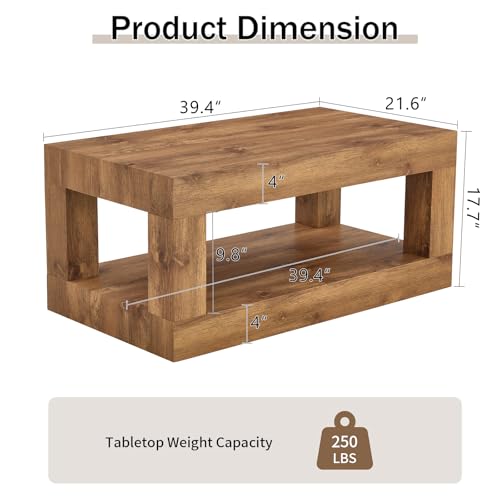39.37" Coffee Table with Storage, 2-Tier Mid Century Rectangular Accent Table with Thick Tabletop, Rustic Style Cocktail, Center Table for Living Room, Office, Apartment (Natural Wood)