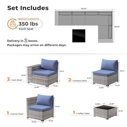 6 Pieces Patio Furniture Set, Outdoor Wicker Sectional Sofa with Coffee Table Comfy Cushions, Modern Modular Deep Seat Couch Rattan Conversation Set, Denim Blue