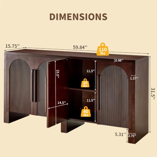60"Modern Sideboard Cabinet with Storage,Solid Wood Arched Buffet Cabinet, view 3