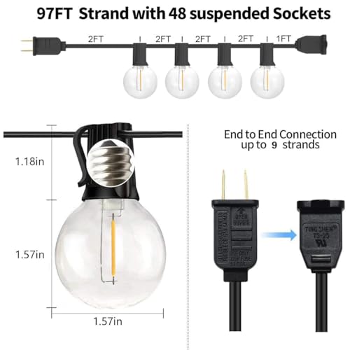 Outdoor String Lights, 97FT Patio Lights with 49 G40 Shatterproof LED Bulbs(1 Spare), Waterproof Lights String for Outside Backyard, Porch, Bistro, Party, Camping, Garden Gathering
