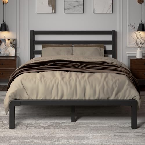 Full Size Metal Bed Frame with Headboard, Metal Slats, Black, view 4