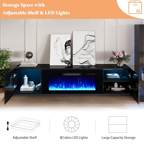 80" Floating TV Stand with 40" Electric Fireplace & LED Lights, view 7