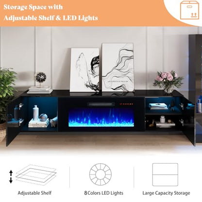 80" Floating TV Stand with 40" Electric Fireplace & LED Lights, view 7