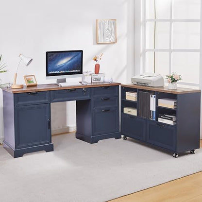 60" Farmhouse Executive Desk with 40" Mobile File Cabinet,L Shaped Desk Set with Charging Station,Office Desk with Storage Drawers,Wood Computer Desk Set for Office Work,Home Study